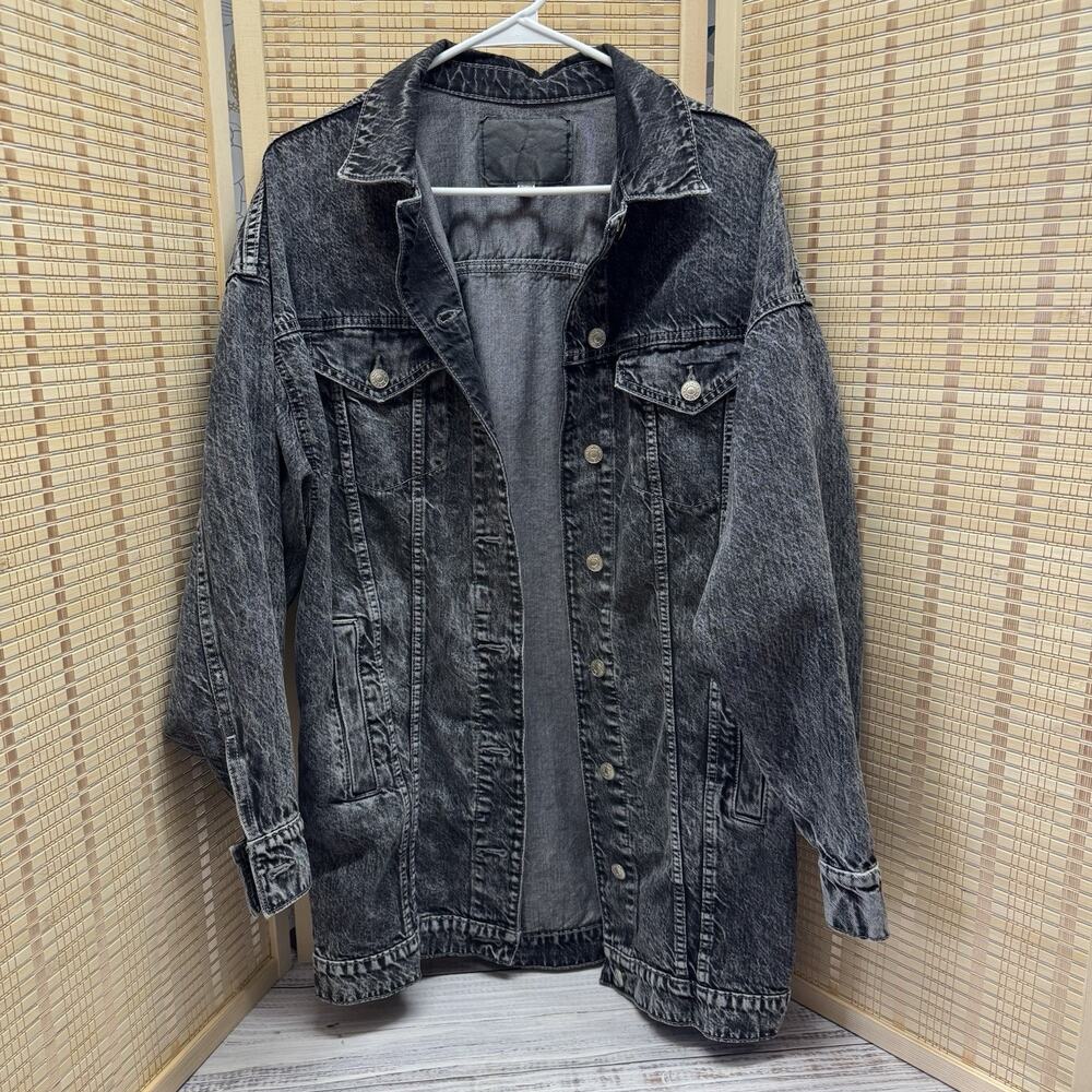 American Eagle Denim Jacket Women's Size Small Black Acid Wash Long Length